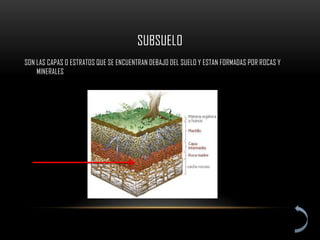 SUBSUELO
SON LAS CAPAS O ESTRATOS QUE SE ENCUENTRAN DEBAJO DEL SUELO Y ESTAN FORMADAS POR ROCAS Y
    MINERALES
 
