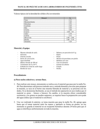 MANUAL DE PRÁCTICAS DE LOS LABORATORIOS DE INGENIERÍA CIVIL
LABORATORIO MECÁNICA DE SUELOS
Valores típicos de la densidad de sólidos (Ss) en minerales
Mineral Ss
Yeso 2.32
Montmorilonita 2.40
Ortoclasa 2.56
Caolinita 2.60
Ilita 2.60
Clorita 2.60
Cuarzo 2.60 – 3.0
Talco 2.70
Calcita 2.72
Moscovita 2.80 – 2.90
Biotita 3.00 – 3.10
Hematita 5.20
Material y Equipo:
- Muestra alterada de suelo.
- Glicerina
- Charola circular
- Horno de convección.
- Agua destilada
- Matraz aforado de 500 ml
- Termómetro de 0 a 50 ºC
- Embudo de cristal de cuello largo
- Bomba de vacío
- Balanza con precisión de 0.1g
- Pipeta
- Piseta
- Mortero de porcelana con pistilo
- Batidora con vaso
- Vaso de aluminio
- Guantes de asbesto
- Franela
- Parilla.
Procedimiento
a) Para suelos cohesivos y arenas finas.
1. Para realizar este ensaye, únicamente se realiza con el material que pase por la malla No.
40. Para determinar cuál proceso (método seco y método húmedo) conviene para preparar
la muestra, se seca en el horno una muestra húmeda de material y se presiona con los
dedos. Si se desmorona fácilmente, se usa el método de separación en seco (indica que el
material es areno – limoso o limoso). En cambio, si la muestra ofrece considerable
resistencia y los granos no pueden separarse, se requiere hacer la preparación con ayuda
del agua (indica que el material es arcilloso).
2. Una vez realizado lo anterior, se toma muestra que pasa la malla No. 40, agrega agua
hasta que al tomar material entre las manos y apretarlo se forma un grumo, en ese
momento se guarda el material en un recipiente hermético durante 24 horas para que el
agua se distribuya uniformemente en toda la muestra.
 