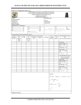 MANUAL DE PRÁCTICAS DE LOS LABORATORIOS DE INGENIERÍA CIVIL
LABORATORIO MECÁNICA DE SUELOS
FORMATO COMPRESIÓN SIMPLE, qu.
UNIVERSIDAD NACIONAL AUTÓNOMA DE MÉXICO
FACULTAD DE ESTUDIOS PROFESIONALES ARAGÓN
LABORATORIOS DE INGENIERÍA CIVIL
Laboratorio de geotecnia
COMPRESIÓN SIMPLE, qu
OBRA:
LOCALIZACIÓN:
SONDEO No:
ENSAYE No:
MUESTRA No:
PROFUNDIDAD:
DESCRIPCIÓN:
FECHA:
OPERADOR:
CALCULÓ:
MEDIDAS DE LA PROBETA:
Ds =_______________
Dc =_______________
Di =_______________
Hm = ______________
cm. As =_______________
Ac =_______________
Ai =
_______________
Am =______________
Cm2
6
4 AiAcAs
Am


Wi
=_______________
Vt =_______________
 m =____________
g.
Cm3
Ton/cm3
cm. Cm2
cm. Cm2
cm. Cm2
VELOCIDAD DE APLICACIÓN DE CARGA:
Tiempo
transcurri
do, min.
Lectura
del
anillo de
carga,
mm
Carga,
en kg.
Lectura
de
micróme
tro, en
mm.
Deformació
n total, en
mm.
Deformació
n unitaria,
.
1–
(%/100)
Area
corregid
a en cm2
Esfuerzo
, en
kg/cm2
CONTENIDO DE AGUA
(%)
(antes de iniciar la prueba)
Cápsula No.
Peso de cápsula
Peso de cap. +
s.h.
Peso de cap. + s.s.
Peso de agua
Peso de suelo
seco
100% 
s
w
W
W
W
CONTENIDO DE AGUA
(%) (de la zona de falla y
muestra restante)
Cápsula No.
Peso de cápsula
Peso de cap. +
s.h.
Peso de cap. + s.s.
Peso de agua
Peso de suelo
seco
100% 
s
w
W
W
W
NOTAS:
)(. ctecialLecturainialLecturafinlinealDef 
10
.
x
Hm
linealDef

100
%
1



Am
idaAreacorreg
A
P

OBSERVACIONES:
 