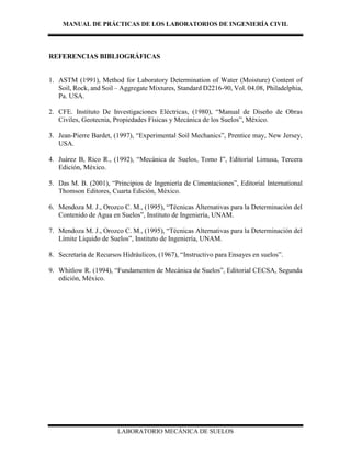 MANUAL DE PRÁCTICAS DE LOS LABORATORIOS DE INGENIERÍA CIVIL
LABORATORIO MECÁNICA DE SUELOS
REFERENCIAS BIBLIOGRÁFICAS
1. ASTM (1991), Method for Laboratory Determination of Water (Moisture) Content of
Soil, Rock, and Soil – Aggregate Mixtures, Standard D2216-90, Vol. 04.08, Philadelphia,
Pa. USA.
2. CFE. Instituto De Investigaciones Eléctricas, (1980), “Manual de Diseño de Obras
Civiles, Geotecnia, Propiedades Físicas y Mecánica de los Suelos”, México.
3. Jean-Pierre Bardet, (1997), “Experimental Soil Mechanics”, Prentice may, New Jersey,
USA.
4. Juárez B, Rico R., (1992), “Mecánica de Suelos, Tomo I”, Editorial Limusa, Tercera
Edición, México.
5. Das M. B. (2001), “Principios de Ingeniería de Cimentaciones”, Editorial International
Thomson Editores, Cuarta Edición, México.
6. Mendoza M. J., Orozco C. M., (1995), “Técnicas Alternativas para la Determinación del
Contenido de Agua en Suelos”, Instituto de Ingeniería, UNAM.
7. Mendoza M. J., Orozco C. M., (1995), “Técnicas Alternativas para la Determinación del
Límite Líquido de Suelos”, Instituto de Ingeniería, UNAM.
8. Secretaría de Recursos Hidráulicos, (1967), “Instructivo para Ensayes en suelos”.
9. Whitlow R. (1994), “Fundamentos de Mecánica de Suelos”, Editorial CECSA, Segunda
edición, México.
 