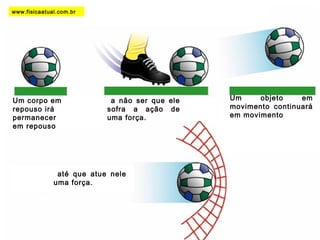www.fisicaatual.com.br 
Um corpo em 
repouso irá 
permanecer 
em repouso 
a não ser que ele 
sofra a ação de 
uma força. 
Um objeto em 
movimento continuará 
em movimento 
até que atue nele 
uma força. 
 