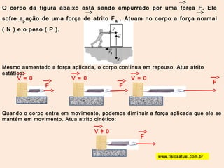 O corpo da figura abaixo está sendo empurrado por uma força F. Ele 
sofre a ação de uma força de atrito Fa . Atuam no corpo a força normal 
( N ) e o peso ( P ). 
Mesmo aumentado a força aplicada, o corpo continua em repouso. Atua atrito 
estático: 
V = 0 V = 0 V = 0 F 
F F 
Quando o corpo entra em movimento, podemos diminuir a força aplicada que ele se 
mantém em movimento. Atua atrito cinético: 
V ǂ 0 
F 
www.fisicaatual.com.br 
 