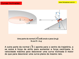 www.fisicaatual.com.br Curvas Inclinadas 
N N.cos θ 
c 
N.sen θ 
Uma parte da normal ( N cosθ) anula o peso (m.g): 
N.cos θ = m.g 
A outra parte da normal ( N ) aponta para o centro da trajetória, e 
se soma à força de atrito para aumentar a força centrípeta. A 
velocidade máxima para descrever uma curva inclinada é maior 
do que para descrever uma curva plana de mesmo raio. 
 