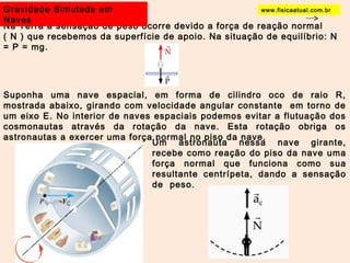 Na Terra a sensação de peso ocorre devido a força de reação normal 
( N ) que recebemos da superfície de apoio. Na situação de equilíbrio: N 
= P = mg. 
Suponha uma nave espacial, em forma de cilindro oco de raio R, 
mostrada abaixo, girando com velocidade angular constante em torno de 
um eixo E. No interior de naves espaciais podemos evitar a flutuação dos 
cosmonautas através da rotação da nave. Esta rotação obriga os 
astronautas a exercer uma força normal no piso da nave. 
Um astronauta nessa nave girante, 
recebe como reação do piso da nave uma 
força normal que funciona como sua 
resultante centrípeta, dando a sensação 
de peso. 
Gravidade Simulada em 
Naves 
www.fisicaatual.com.br 
