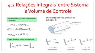4.2 Relações Integrais entre Sistema
eVolume de Controle
A quantidade dN3 contida na sub-região
3 é dada por :
tttt dAldN   00
)]cos([)3 
Para a Região III inteira, tem-se então :
ttSCesq
dAl




  0
cos
Observando uma vista ampliada da
sub-região 3 :
tttt VddN   00
][)3 
𝑑𝑁3 𝑡0+∆𝑡
= 𝜂 𝜌 𝑉. 𝑑𝐴 ∆𝑡
 