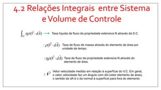 4.2 Relações Integrais entre Sistema
eVolume de Controle
)( AdV
SC

  Taxa líquida de fluxo da propriedade extensiva N através da S.C.
)(: AdV

 Taxa de fluxo de massa através do elemento de área por
unidade de tempo.
)(: AdV

 Taxa de fluxo da propriedade extensiva N através do
elemento de área.
V

:
Vetor velocidade medido em relação à superfície do V.C. Em geral,
o vetor velocidade faz um ângulo com dA (vetor elemento de área),
o sentido de dA é o da normal à superfície para fora do elemento.
 