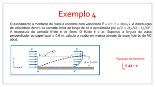 Exemplo 4
O escoamento a montante da placa é uniforme com velocidade 𝑉 = 𝑈 𝑖; 𝑈 = 30 𝑚 𝑠. A distribuição
de velocidade dentro da camada limite ao longo de cd é aproximada por 𝑢 𝑈 = 2 𝑦 𝛿 − 𝑦 𝛿 2.
A espessura da camada limite é de 5mm. O fluido é o ar. Supondo a largura da placa
perpendicular ao papel igual a 0,6 m, calcula a vazão em massa através da superfície bc do VC
abcd.
𝑺𝑪
𝑽. 𝒅𝑨 = 𝟎
Equação de Governo:
 