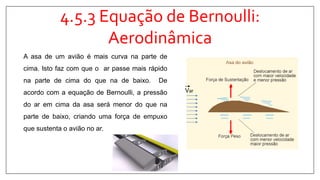 4.5.3 Equação de Bernoulli:
Aerodinâmica
A asa de um avião é mais curva na parte de
cima. Isto faz com que o ar passe mais rápido
na parte de cima do que na de baixo. De
acordo com a equação de Bernoulli, a pressão
do ar em cima da asa será menor do que na
parte de baixo, criando uma força de empuxo
que sustenta o avião no ar.
Var
 