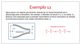 Exemplo 12
Água escoa, em regime permanente, através de um bocal horizontal que a
descarrega para a atmosfera. Na entrada, o diâmetro do bocal é 𝐷1 e, na saída, 𝐷2.
Deduza uma expressão para a pressão manométrica mínima necessária na entrada
do bocal para produzir uma vazão volumétrica dada, 𝑄.
Equação de Governo:
𝑝1
𝜌
+
𝑉1
2
2
+ 𝑔𝑧1 =
𝑝2
𝜌
+
𝑉2
2
2
+ 𝑔𝑧2
 