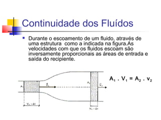 Continuidade dos Fluídos
   Durante o escoamento de um fluido, através de
    uma estrutura como a indicada na figura.As
    velocidades com que os fluidos escoam são
    inversamente proporcionais as áreas de entrada e
    saída do recipiente.


                                    A1 . V1 = A2 . v2
 