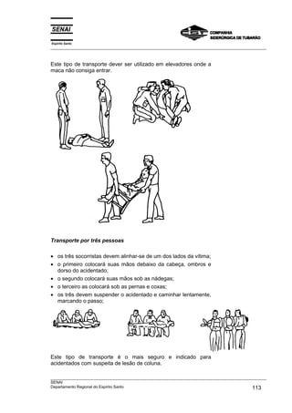 Espírito Santo
___________________________________________________________________________________________________
___________________________________________________________________________________________________
SENAI
Departamento Regional do Espírito Santo 113
Este tipo de transporte dever ser utilizado em elevadores onde a
maca não consiga entrar.
Transporte por três pessoas
• os três socorristas devem alinhar-se de um dos lados da vítima;
• o primeiro colocará suas mãos debaixo da cabeça, ombros e
dorso do acidentado;
• o segundo colocará suas mãos sob as nádegas;
• o terceiro as colocará sob as pernas e coxas;
• os três devem suspender o acidentado e caminhar lentamente,
marcando o passo;
Este tipo de transporte é o mais seguro e indicado para
acidentados com suspeita de lesão de coluna.
 