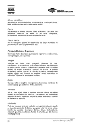 Espírito Santo
___________________________________________________________________________________________________
___________________________________________________________________________________________________
CST
26 Companhia Siderúrgica de Tubarão
Névoas ou neblinas
Nos banhos de galvanoplastia, fosfatização e outros processos,
onde se formam névoas ou neblinas de ácidos.
Fumos
Nos banhos de metais fundidos como o chumbo. Os fumos são
pequenas partículas de metal ou de seus compostos,
provenientes do banho que ficam suspensos no ar.
Poeiras ou pós
Pó de serragem, poeira de rebarbação de peças fundidas no
jateamento de areia ou granalha de aço.
Principais Efeitos no Organismo
Dentre os efeitos dos riscos químicos no organismo, destacam-se,
como principais, os seguintes:
Irritação
Irritação dos olhos, nariz, garganta, pulmões, da pele.
Geralmente, as substâncias que causam irritação se encontram
na forma de gás ou vapor, mas podem, também, estar no estado
líquido ou sólido. Exemplos: vapores de ácidos, a amônia
(amoníaco), certas poeiras. A irritação da pele é causada pelo
contato direto com líquidos ou poeiras, sendo exemplos os
solventes "thinners", e a poeira de caviúna.
Asfixia
Ou seja, falta de oxigênio no organismo. Exemplos: monóxido de
carbono (CO), gás carbônico (CO2), acetileno.
Anestesia
Isto é, uma ação sobre o sistema nervoso central, causando
estado de sonolência ou tonturas. Geralmente, as substâncias
anestésicas estão no estado de gás ou vapor. Exemplos: vapores
de éter etílico, acetona.
Intoxicação
Pode ser causada tanto por inalação como por contato com a pele
ou ingestão acidental do tóxico, que pode estar na forma sólida,
líquida ou gasosa. Exemplos: benzol, toluol, tricloroetileno,
metanol, gasolina, inseticidas, fumos de chumbo, pó de chumbo
(nas tipografias).
 