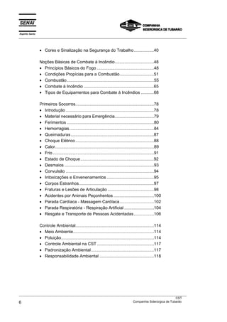 Espírito Santo
___________________________________________________________________________________________________
___________________________________________________________________________________________________
CST
6 Companhia Siderúrgica de Tubarão
• Cores e Sinalização na Segurança do Trabalho.................40
Noções Básicas de Combate à Incêndio.................................48
• Princípios Básicos do Fogo ................................................48
• Condições Propícias para a Combustão.............................51
• Combustão.........................................................................55
• Combate à Incêndio ...........................................................65
• Tipos de Equipamentos para Combate à Incêndios ...........68
Primeiros Socorros..................................................................78
• Introdução ..........................................................................78
• Material necessário para Emergência.................................79
• Ferimentos .........................................................................80
• Hemorragias.......................................................................84
• Queimaduras......................................................................87
• Choque Elétrico..................................................................88
• Calor...................................................................................89
• Frio.....................................................................................91
• Estado de Choque..............................................................92
• Desmaios ...........................................................................93
• Convulsão ..........................................................................94
• Intoxicações e Envenenamentos ........................................95
• Corpos Estranhos...............................................................97
• Fraturas e Lesões de Articulação .......................................98
• Acidentes por Animais Peçonhentos ..................................100
• Parada Cardíaca - Massagem Cardíaca.............................102
• Parada Respiratória - Respiração Artificial .........................104
• Resgate e Transporte de Pessoas Acidentadas.................106
Controle Ambiental..................................................................114
• Meio Ambiente....................................................................114
• Poluição..............................................................................114
• Controle Ambiental na CST ................................................117
• Padronização Ambiental.....................................................117
• Responsabilidade Ambiental ..............................................118
 