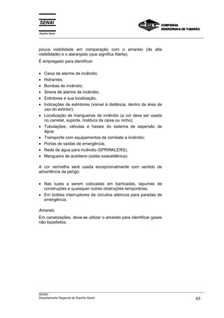 Espírito Santo
___________________________________________________________________________________________________
___________________________________________________________________________________________________
SENAI
Departamento Regional do Espírito Santo 43
pouca visibilidade em comparação com o amarelo (de alta
visibilidade) e o alaranjado (que significa Alerta).
É empregado para identificar:
• Caixa de alarme de incêndio;
• Hidrantes;
• Bombas de incêndio;
• Sirene de alarme de incêndio;
• Extintores e sua localização;
• Indicações de extintores (visível à distância, dentro da área de
uso do extintor);
• Localização de mangueiras de incêndio (a cor deve ser usada
no carretel, suporte, moldura da caixa ou nicho);
• Tubulações, válvulas e hastes do sistema de aspersão de
água;
• Transporte com equipamentos de combate a incêndio;
• Portas de saídas de emergência;
• Rede de água para incêndio (SPRINKLERS);
• Mangueira de acetileno (solda oxiacetilênica).
A cor vermelha será usada excepcionalmente com sentido de
advertência de perigo:
• Nas luzes a serem colocadas em barricadas, tapumes de
construções e quaisquer outras obstruções temporárias;
• Em botões interruptores de circuitos elétricos para paradas de
emergência.
Amarelo
Em canalizações, deve-se utilizar o amarelo para identificar gases
não liqüefeitos.
 