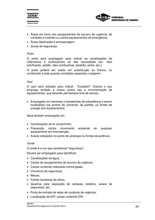 Espírito Santo
___________________________________________________________________________________________________
___________________________________________________________________________________________________
SENAI
Departamento Regional do Espírito Santo 45
• Áreas em torno dos equipamentos de socorro de urgência, de
combate a incêndio ou outros equipamentos de emergência;
• Áreas destinadas à armazenagem;
• Zonas de segurança.
Preto
O preto será empregado para indicar as canalizações de
inflamáveis e combustíveis de alta viscosidade (ex.: óleo
lubrificante, asfalto, óleo combustível, alcatrão, piche, etc.).
O preto poderá ser usado em substituição ao branco, ou
combinado a este quando condições especiais o exigirem.
Azul
O azul será utilizado para indicar "Cuidado!", ficando o seu
emprego limitado a avisos contra uso e movimentação de
equipamentos, que deverão permanecer fora de serviço.
• Empregado em barreiras e bandeirolas de advertência a serem
localizadas nos pontos de comando, de partida, ou fontes de
energia dos equipamentos.
Será também empregado em:
• Canalizações de ar comprimido;
• Prevenção contra movimento acidental de qualquer
equipamento em manutenção;
• Avisos colocados no ponto de arranque ou fontes de potência.
Verde
O verde é a cor que caracteriza "segurança".
Deverá ser empregado para identificar:
• Canalizações de água;
• Caixas de equipamentos de socorro de urgência;
• Caixas contendo máscaras contra gases;
• Chuveiros de segurança;
• Macas;
• Fontes lavadoras de olhos;
• Quadros para exposição de cartazes, boletins, avisos de
segurança, etc;
• Porta de entrada de salas de curativos de urgência;
• Localização de EPI; caixas contendo EPI;
 