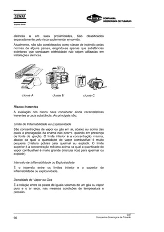 Espírito Santo
___________________________________________________________________________________________________
___________________________________________________________________________________________________
CST
66 Companhia Siderúrgica de Tubarão
elétricas o em suas proximidades. São classificados
separadamente pelo risco suplementar envolvido.
Atualmente, não são considerados como classe de incêndio pelas
normas de alguns países, exigindo-se apenas que substâncias
extintoras que conduzam eletricidade não sejam utilizadas em
instalações elétricas.
Riscos Inerentes
A avaliação dos riscos deve considerar ainda características
inerentes a cada substância. As principais são:
Limite de Inflamabilidade ou Explosividade
São concentrações de vapor ou gás em ar, abaixo ou acima das
quais a propagação da chama não ocorre, quando em presença
de fonte de ignição. O limite inferior é a concentração mínima,
abaixo da qual a quantidade de vapor combustível é muito
pequena (mistura pobre) para queimar ou explodir. O limite
superior é a concentração máxima acima da qual a quantidade de
vapor combustível é muito grande (mistura rica) para queimar ou
explodir).
Intervalo de Inflamabilidade ou Explosividade
É o intervalo entre os limites inferior e o superior de
inflamabilidade ou explosividade.
Densidade de Vapor ou Gás
É a relação entre os pesos de iguais volumes de um gás ou vapor
puro e o ar seco, nas mesmas condições de temperatura e
pressão.
 