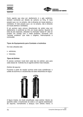 Espírito Santo
___________________________________________________________________________________________________
___________________________________________________________________________________________________
CST
70 Companhia Siderúrgica de Tubarão
Outro agente que atua por abafamento é o gás carbônico,
também conhecido por dióxido de carbono ou CO2. É mais
pesado que o ar; no entanto, não é eficiente em locais abertos e
ventilados. É mais pesado que o ar; no entanto, não é eficiente
em locais abertos e ventilados.
O pó químico seco comum (bicarbonato de sódio) atua por
abafamento; é preferível ao CO2 em locais abertos. Quando se
trata de pós especiais, utilizados na chamada "classe D", eles se
fundem em contato com o metal pirofórico, formando uma
"camada protetora" que isola o oxigênio, interrompendo a
combustão.
Tipos de Equipamento para Combate a Incêndios
Os mais utilizados são:
• extintores;
• hidrantes.
Tipos de Extintor
É preciso conhecer muito bem cada tipo de extintor, pois para
cada classe de incêndio há um agente extintor mais indicado.
Extintor de espuma
Funciona a partir da reação química entre duas substâncias: o
sulfato de alumínio e o bicarbonato de sódio dissolvidos em água.
A figura mostra, de modo simplificado, esse extintor. Dentro do
aparelho estão o bicarbonato de sódio e um agente estabilizador
de espuma, normalmente o alcaçuz; num cilindro menor, é
 