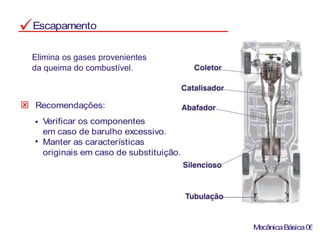Escapamento
Recomendações:
Verificar os componentes
em caso de barulho excessivo.
Manter as características
originais em caso de substituição.
MecânicaBásica06
Elimina os gases provenientes
da queima do combustível.
 