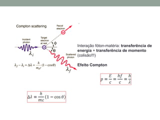Interação fóton-matéria: transferência de
energia + transferência de momento
(colisão!!!)
Efeito Compton
 