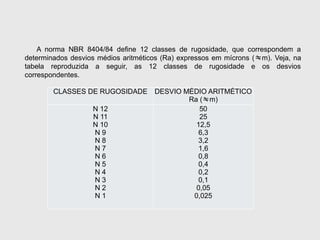 A norma NBR 8404/84 define 12 classes de rugosidade, que correspondem a
determinados desvios médios aritméticos (Ra) expressos em mícrons (m). Veja, na
tabela reproduzida a seguir, as 12 classes de rugosidade e os desvios
correspondentes.
CLASSES DE RUGOSIDADE DESVIO MÉDIO ARITMÉTICO
Ra (m)
N 12
N 11
N 10
N 9
N 8
N 7
N 6
N 5
N 4
N 3
N 2
N 1
50
25
12,5
6,3
3,2
1,6
0,8
0,4
0,2
0,1
0,05
0,025
 