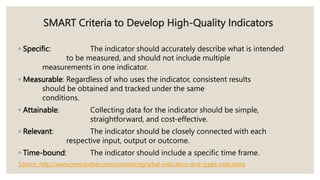 SMART Criteria to Develop High-Quality Indicators
◦ Specific: The indicator should accurately describe what is intended
to be measured, and should not include multiple
measurements in one indicator.
◦ Measurable: Regardless of who uses the indicator, consistent results
should be obtained and tracked under the same
conditions.
◦ Attainable: Collecting data for the indicator should be simple,
straightforward, and cost-effective.
◦ Relevant: The indicator should be closely connected with each
respective input, output or outcome.
◦ Time-bound: The indicator should include a specific time frame.
Source: http://www.mnestudies.com/monitoring/what-indicators-and-types-indicators
 