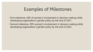Examples of Milestones
◦ First milestone, 20% of women’s involvement in decision making while
developing organization’s gender policy by the end of 2021.
◦ Second milestone, 30% women’s involvement in decision making while
developing organization’s gender policy by the end of 2022.
 