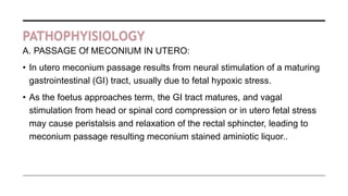 PATHOPHYISIOLOGY
A. PASSAGE Of MECONIUM IN UTERO:
• In utero meconium passage results from neural stimulation of a maturing
gastrointestinal (GI) tract, usually due to fetal hypoxic stress.
• As the foetus approaches term, the GI tract matures, and vagal
stimulation from head or spinal cord compression or in utero fetal stress
may cause peristalsis and relaxation of the rectal sphincter, leading to
meconium passage resulting meconium stained aminiotic liquor..
 