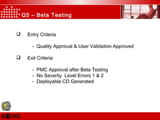 Q5 – Beta Testing
 Entry Criteria
- Quality Approval & User Validation Approved
 Exit Criteria
- PMC Approval after Beta Testing
- No Severity Level Errors 1 & 2
- Deployable CD Generated
 