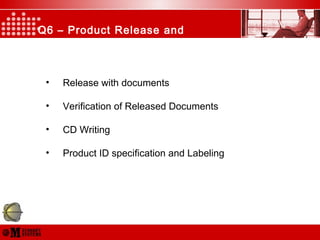 Q6 – Product Release and
Distribution
• Release with documents
• Verification of Released Documents
• CD Writing
• Product ID specification and Labeling
 