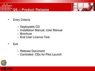 Q6 – Product Release
• Entry Criteria
- Deployable CD
- Installation Manual, User Manual
- Brochure
- End User Licence Text
• Exit
- Release Document
- Controlled CDs for Pilot Launch
 