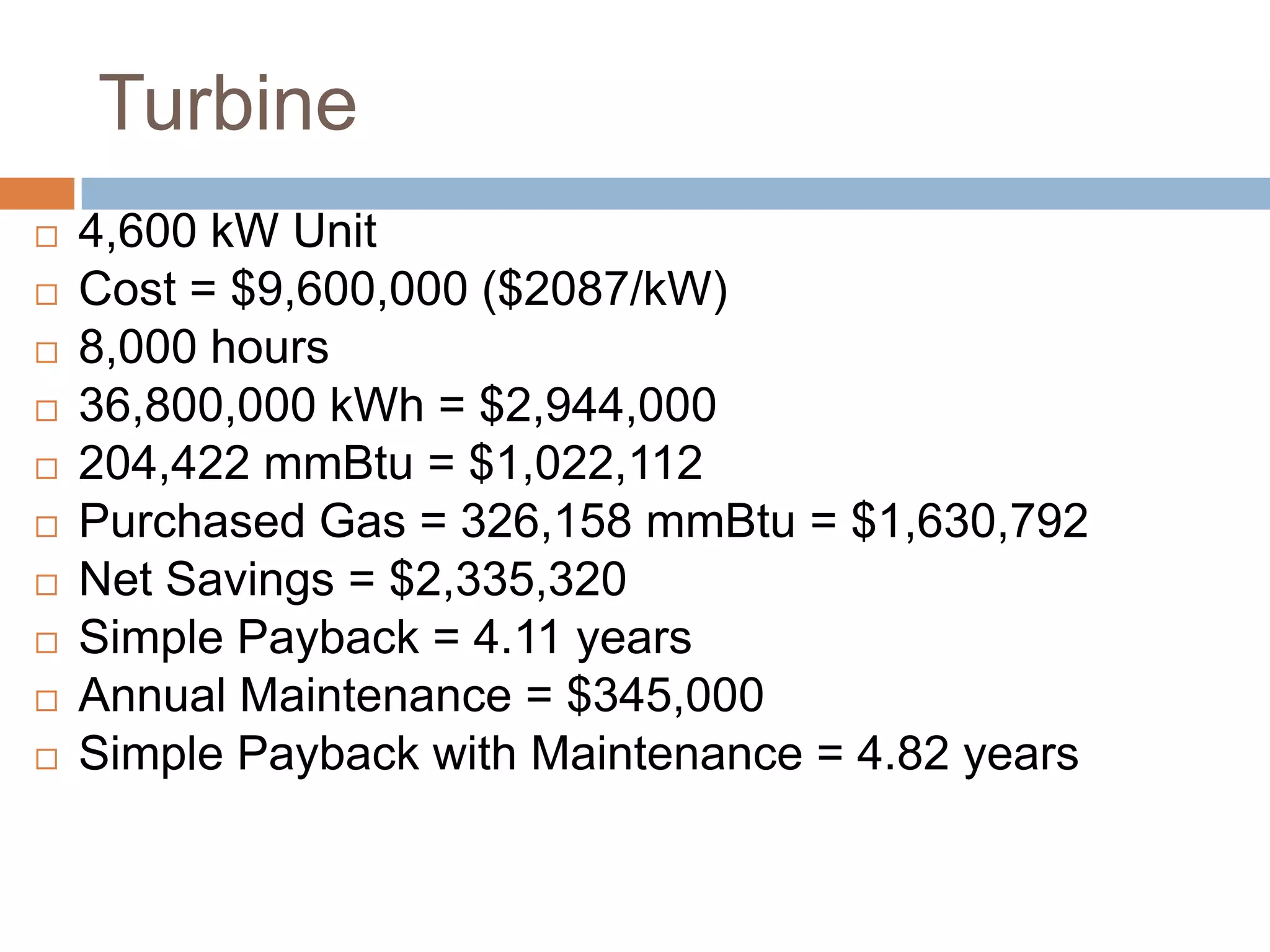Turbine
   4,600 kW Unit
   Cost = $9,600,000 ($2087/kW)
   8,000 hours
   36,800,000 kWh = $2,944,000
   204,422 mmBtu = $1,022,112
   Purchased Gas = 326,158 mmBtu = $1,630,792
   Net Savings = $2,335,320
   Simple Payback = 4.11 years
   Annual Maintenance = $345,000
   Simple Payback with Maintenance = 4.82 years
 