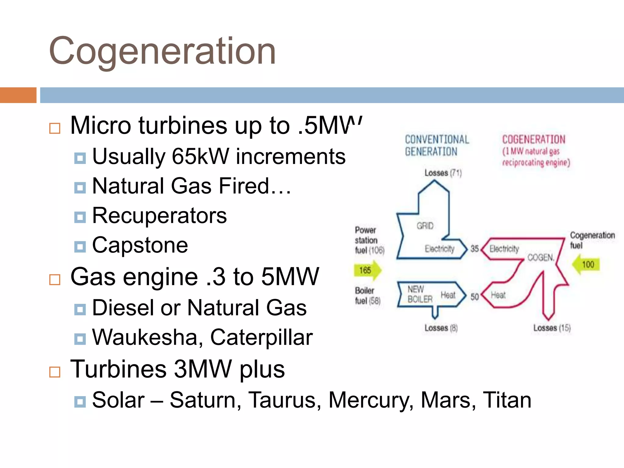 Cogeneration
   Micro turbines up to .5MW
     Usually 65kW increments
     Natural Gas Fired…
     Recuperators
     Capstone

   Gas engine .3 to 5MW
     Diesel
           or Natural Gas
     Waukesha, Caterpillar

   Turbines 3MW plus
     Solar   – Saturn, Taurus, Mercury, Mars, Titan
 
