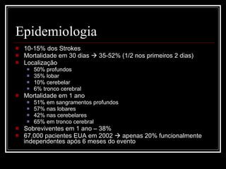 Epidemiologia 10-15% dos Strokes Mortalidade em 30 dias    35-52% (1/2 nos primeiros 2 dias) Localização 50% profundos 35% lobar 10% cerebelar 6% tronco cerebral Mortalidade em 1 ano 51% em sangramentos profundos 57% nas lobares 42% nas cerebelares 65% em tronco cerebral Sobreviventes em 1 ano – 38% 67.000 pacientes EUA em 2002    apenas 20% funcionalmente independentes após 6 meses do evento 