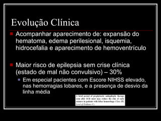 Evolução Clínica Acompanhar aparecimento de: expansão do hematoma, edema perilesional, isquemia, hidrocefalia e aparecimento de hemoventrículo Maior risco de epilepsia sem crise clínica (estado de mal não convulsivo) – 30% Em especial pacientes com Escore NIHSS elevado, nas hemorragias lobares, e a presença de desvio da linha média 