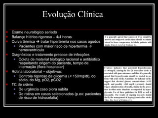 Evolução Clínica Exame neurológico seriado Balanço hídrico rigoroso – 4/4 horas Curva térmica    tratar hipertermia nos casos agudos Pacientes com maior risco de hipertermia    hemoventrículo Diagnóstico e tratamento precoce de infecções Coleta de material biológico racional e antibiótico respeitando origem do paciente, tempo de internação (flora hospitalar) Rotina laboratorial – objetivos: Controle rigoroso da glicemia (< 150mg/dl), do sódio, do Mg, pO2, pCO2 TC de crânio De urgência caso piora súbita De rotina em casos selecionados (p.ex: pacientes de risco de hidrocefalia) 