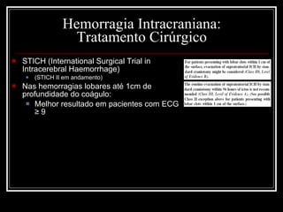 Hemorragia Intracraniana: Tratamento Cirúrgico STICH (International Surgical Trial in Intracerebral Haemorrhage)  (STICH II em andamento) Nas hemorragias lobares até 1cm de profundidade do coágulo: Melhor resultado em pacientes com ECG ≥ 9 