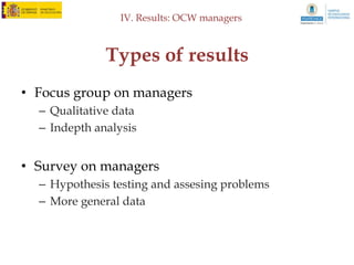 IV. Results: Statistical analysis of data



OCW in Spain and Latin America
      Language used in OCW produced in Spain
                and Latin America




                    Spanish   Catalan   English
 