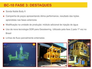BC-10 FASE 3: DESTAQUES
 Sonda Noble Bully II
 Campanha de poços apresentando ótima performance, resultado das lições
aprendidas nas fases anteriores
 Modificação na unidade de produção: módulo adicional de injeção de água
 Uso de nova tecnologia DDR para Geosteering. Utilizado pela fase 2 pela 1ª vez no
Brasil
 Linhas de fluxo parcialmente enterradas
 