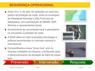 Company name appears here
SEGURANÇA OPERACIONAL
163/12/2014Footer
Prevensão Intervensão Resposta
Entre 10 e 11 de abril, foi realizado um exercício
prático de proteção de costa, entre os municipios
de Presidente Kennedy e São Francisco de
Itabapoana, com participação do IBAMA, ANP,
Marinha e representantes locais
Envolvimento da comunidade local e pescadores
na simulando a proteção da costa.
A Shell utiliza as mais avançadas tecnologias e
práticas reconhecidas no mercado nacional e
internacional
Compartilhamos nosso “know how” com as
diversas entidades da indústria, contribuindo para
o desenvolvimento da atividade de O&G do nosso
país
SIMULAÇÃO
 