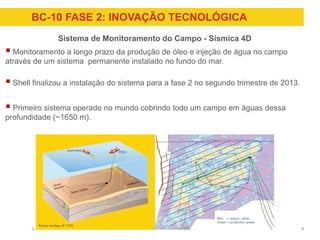 Company name appears here
BC-10 FASE 2: INOVAÇÃO TECNOLÓGICA
9
Sistema de Monitoramento do Campo - Sísmica 4D
 Monitoramento a longo prazo da produção de óleo e injeção de água no campo
através de um sistema permanente instalado no fundo do mar.
 Shell finalizou a instalação do sistema para a fase 2 no segundo trimestre de 2013.
 Primeiro sistema operado no mundo cobrindo todo um campo em águas dessa
profundidade (~1650 m).
 