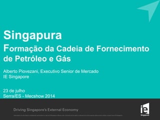 23 de julho
Serra/ES - Mecshow 2014
Singapura
Formação da Cadeia de Fornecimento
de Petróleo e Gás
Alberto Piovezani, Executivo Senior de Mercado
IE Singapore
 