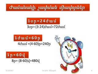 Ժամանակի չափման միավորներ
1 օ ր = 2 4 ժ ա մ
1 ժ ա մ = 6 0 ր
1 ր = 6 0 վ
3օր=
4ժամ
8ր=
(3·24)ժամ=72ժամ
=(4·60)ր=240ր
(8·60)վ=480վ
22.10.2017 6Լուսինե Ավագյան
 