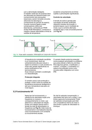 Caderno Técnico Schneider Electric no. 208 autor D. Clenet /tradução Ludgero Leote
20/31
com a alimentação desligada.
O trabalho neste tipo de produtos deve
ser efectuado por pessoal trinado com
conhecimentos das precauções
essenciais a serem tomadas (circuitos
adicionais de descarga ou
conhecimento do período de espera).
A ponte inversora ligada a estes
condensadores utiliza seis
Esta técnica, conhecida por PWM
(Pulse Width Modulation), condiciona a
rotação a baixas velocidades e limita as
subidas de temperatura.
excelente comportamento em linhas
sujeitas a perturbações significativas.
Controlo de velocidade
A tensão de saída é gerada pela
comutação da tensão rectificada,
utilizando impulsos de duração, e
portanto largura, que é modulada de
modo a que a corrente alternada
resultante seja o mais sinusoidal possível
(ver Fig.14).
A frequência de modulação escolhida
é um compromisso: deve ser
suficientemente alta para reduzir o
ripple na corrente e o ruído acústico no
motor sem perdas significativas na
ponte rectificadora e nos
semicondutores.
Duas rampas controlam a aceleração
e a desaceleração.
Protecção integrada
O variador possui auto-protecção e
protege o motor contra as subidas de
temperatura excessivas desligando-o
até que a temperatura caia para um
nível seguro.
O variador dispõe ainda de protecção
contra qualquer perturbação ou problema
que possa afectar a falha de uma fase.
Para algumas gamas, o rectificador, o
inversor, o chopper, o controlador e o
sistema de protecção contra curto-
circuitos estão integrados num único
IPM.
5.2 Funcionamento V/f
Neste tipo de funcionamento, a
referência de velocidade impõe uma
frequência no inversor e
consequentemente no motor, que
determina a velocidade de rotação.
Existe uma relação directa entre a
tensão da rede de alimentação e a
frequência (ver Fig.15). Este modo de
funcionamento é normalmente descrito
como funcionamento a V/f constante
ou funcionamento escalar.
Se não for aplicada compensação, a
veIocidade real varia com a carga, o que
limita a gama de funcionamento. Pode
ser aplicada compensação para lidar
com a impedância interna do motor e
para limitar a queda de velocidade no
arranque.
 