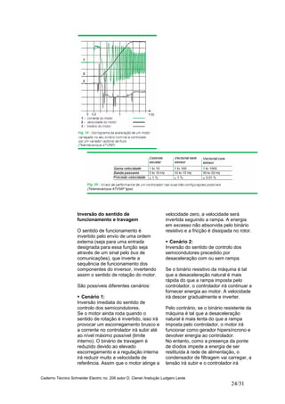 Caderno Técnico Schneider Electric no. 208 autor D. Clenet /tradução Ludgero Leote
24/31
Inversão do sentido de
funcionamento e travagem
O sentido de funcionamento é
invertido pelo envio de uma ordem
externa (seja para uma entrada
designada para essa função seja
através de um sinal pelo bus de
comunicações), que inverte a
sequência de funcionamento dos
componentes do inversor, invertendo
assim o sentido de rotação do motor.
São possíveis diferentes cenários:
Cenário 1:
Inversão imediata do sentido de
controlo dos semicondutores.
Se o motor ainda roda quando o
sentido de rotação é invertido, isso irá
provocar um escorregamento brusco e
a corrente no controlador irá subir até
ao nível máximo possível (limite
interno). O binário de travagem é
reduzido devido ao elevado
escorregamento e a regulação interna
irá reduzir muito a velocidade de
referência. Assim que o motor atinge a
velocidade zero, a velocidade será
invertida seguindo a rampa. A energia
em excesso não absorvida pelo binário
resistivo e a fricção é dissipada no rotor.
Cenário 2:
Inversão do sentido de controlo dos
semicondutores precedido por
desaceleração com ou sem rampa.
Se o binário resistivo da máquina é tal
que a desaceleração natural é mais
rápida do que a rampa imposta pelo
controlador, o controlador irá continuar a
fornecer energia ao motor. A velocidade
irá descer gradualmente e inverter.
Pelo contrário, se o binário resistente da
máquina é tal que a desaceleração
natural é mais lenta do que a rampa
imposta pelo controlador, o motor irá
funcionar como gerador hipersíncrono e
devolver energia ao controlador.
No entanto, como a presença da ponte
de díodos impede a energia de ser
restituída à rede de alimentação, o
condensador de filtragem vai carregar, a
tensão irá subir e o controlador irá
 