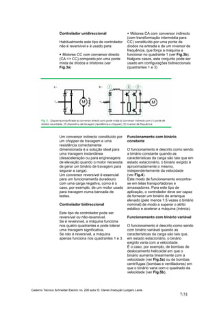 Caderno Técnico Schneider Electric no. 208 autor D. Clenet /tradução Ludgero Leote
7/31
Controlador unidireccional
Habitualmente este tipo de controlador
não é reversível e é usado para:
Motores CC com conversor directo
(CA => CC) composto por uma ponte
mista de díodos e tiristores (ver
Fig.3a)
Motores CA com conversor indirecto
(com transformação intermédia para
CC) constituído por uma ponte de
díodos na entrada e de um inversor de
frequência, que força a máquina a
funcionar no quadrante 1 (ver Fig.3b).
Nalguns casos, este conjunto pode ser
usado em configurações bidireccionais
(quadrantes 1 e 3)
Um conversor indirecto constituído por
um chopper de travagem e uma
resistência correctamente
dimensionada é a solução ideal para
uma travagem instantânea
(desaceleração ou para engrenagens
de elevação quando o motor necessita
de gerar um binário de travagem para
segurar a carga).
Um conversor reversível é essencial
para um funcionamento duradouro
com uma carga negativa, como é o
caso, por exemplo, de um motor usado
para travagem numa bancada de
testes.
Controlador bidireccional
Este tipo de controlador pode ser
reversível ou não-reversível.
Se é reversível, a máquina funciona
nos quatro quadrantes e pode tolerar
uma travagem significativa,
Se não é reversível, a máquina
apenas funciona nos quadrantes 1 e 3.
Funcionamento com binário
constante
O funcionamento é descrito como sendo
a binário constante quando as
características da carga são tais que em
estado estacionário, o binário exigido é
aproximadamente o mesmo,
independentemente da velocidade
(ver Fig.4).
Este modo de funcionamento encontra-
se em telas transportadoras e
amassadores. Para este tipo de
aplicação, o controlador deve ser capaz
de fornecer um binário de arranque
elevado (pelo menos 1.5 vezes o binário
nominal) de modo a superar o atrito
estático e acelerar a máquina (inércia).
Funcionamento com binário variável
O funcionamento é descrito como sendo
com binário variável quando as
características da carga são tais que,
em estado estacionário, o binário
exigido varia com a velocidade.
É o caso, por exemplo, de bombas de
deslocamento helicoidal em que o
binário aumenta linearmente com a
velocidade (ver Fig.5a) ou de bombas
centrífugas (bombas e ventiladores) em
que o binário varia com o quadrado da
velocidade (ver Fig.5b).
 