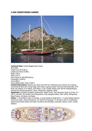 5 AIR CONDITIONED CABINS




Technical Data: Turkish flagged Ketch Gulet,
Built 2005,
Length over All 34.00 m,
Length over Deck 32.00m,
Beam 7.80 m,
Draft 2.55 m,
Main Engine 2x 440 MAN Marine,
Freshwater 15.000 lt,
Fuel 5.000 lt,
Grey & Black Water Tanks 7.000 lt.
Comfort/Recreation: Spacious sun deck area with Sun mattresses and cushions, Sun awning,
Cushioned aft deck with a large table, Deck chairs, spacious saloon with bar and dining table, Hi-Fi
Music Set, Plazma TV in Saloon, DVD Player, 5.20 m Zodiac Dinghy with 100 HP outboardengine,
Snorkel and Fishing Equipment, Canoe, Windsurfer, Waterski, Jetski.
Equipment: Complete navigation equipments, Mobile Phone, Twin Generator Deutz 22,5 kW, 24 +
220 V, Life Raft, Life Jackets, Fire Extinguishers, Fully equipped Galley, Filter Coffee, Refrigerator,
Deep Freezer, Ice Boxes, Ice Maker.
Cabins : 1 King Master Cabin in Foreside. 2 Large Double & Single berth + 2 Large Double spacious
and luxury cabins. Recommended for 10. Maximum Passenger 12. All cabins with air conditioning
system and ensuite shower and toilet. All cabins with portholes, wardrobe, drawer, mirror, smoke
detector.
 