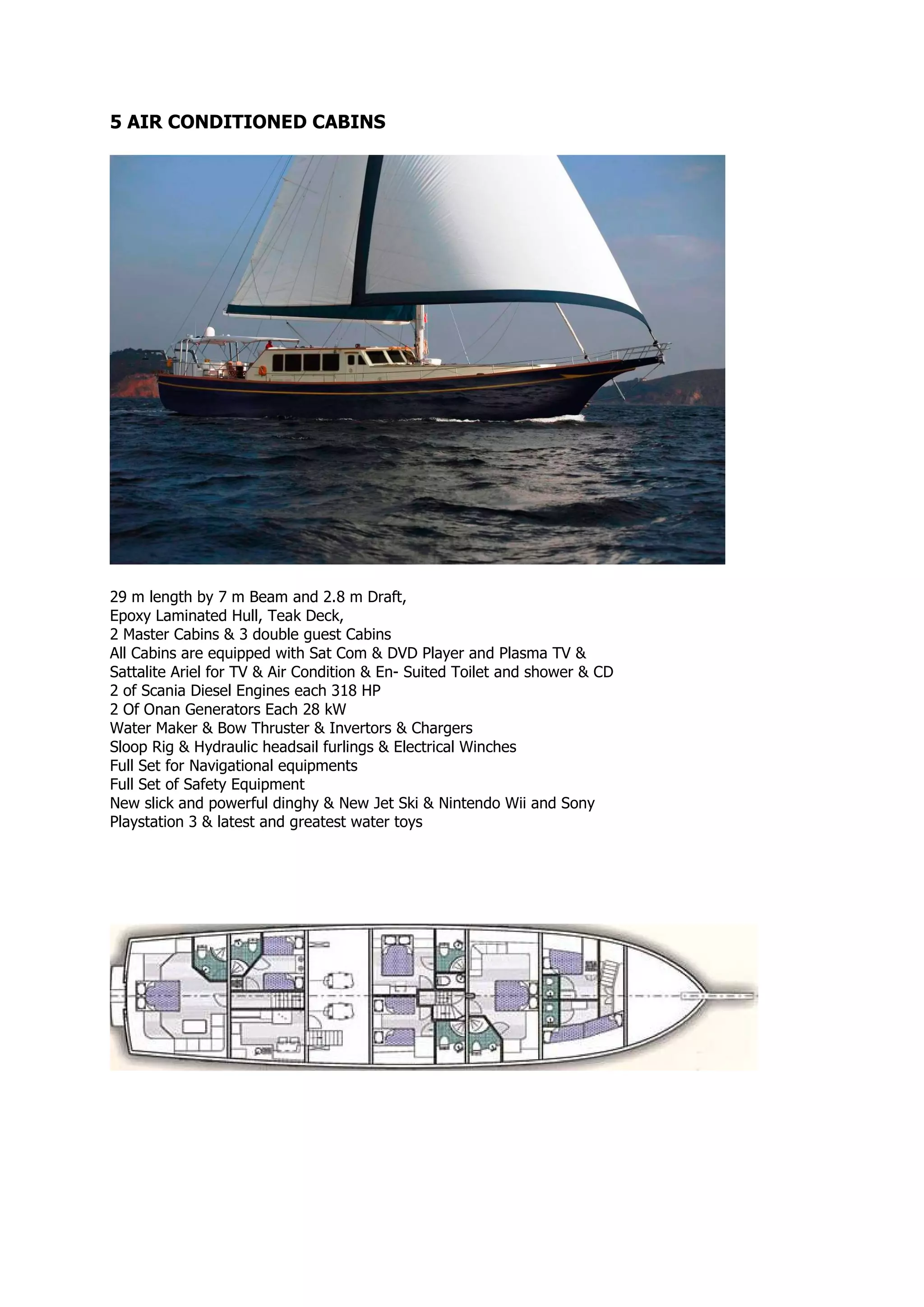5 AIR CONDITIONED CABINS
29 m length by 7 m Beam and 2.8 m Draft,
Epoxy Laminated Hull, Teak Deck,
2 Master Cabins & 3 double guest Cabins
All Cabins are equipped with Sat Com & DVD Player and Plasma TV &
Sattalite Ariel for TV & Air Condition & En- Suited Toilet and shower & CD
2 of Scania Diesel Engines each 318 HP
2 Of Onan Generators Each 28 kW
Water Maker & Bow Thruster & Invertors & Chargers
Sloop Rig & Hydraulic headsail furlings & Electrical Winches
Full Set for Navigational equipments
Full Set of Safety Equipment
New slick and powerful dinghy & New Jet Ski & Nintendo Wii and Sony
Playstation 3 & latest and greatest water toys