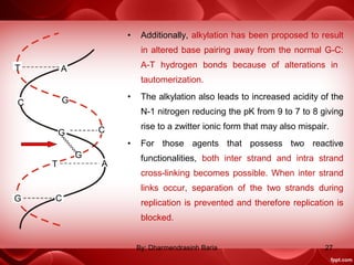 • Additionally, alkylation has been proposed to result
in altered base pairing away from the normal G-C:
A-T hydrogen bonds because of alterations in
tautomerization.
• The alkylation also leads to increased acidity of the
N-1 nitrogen reducing the pK from 9 to 7 to 8 giving
rise to a zwitter ionic form that may also mispair.
• For those agents that possess two reactive
functionalities, both inter strand and intra strand
cross-linking becomes possible. When inter strand
links occur, separation of the two strands during
replication is prevented and therefore replication is
blocked.
AT
C G
CG
G
AT
G C
27By: Dharmendrasinh Baria
 