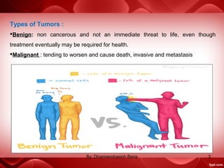 Types of Tumors :
Benign: non cancerous and not an immediate threat to life, even though
treatment eventually may be required for health.
Malignant : tending to worsen and cause death, invasive and metastasis
3By: Dharmendrasinh Baria
 