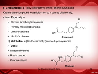 b) Chlorambucil: p- (di (2-chloroethyl) amino) phenyl butyric acid
•Quite stable compound to aziridium ion so it can be given orally.
•Uses: Especially in
– Chronic lumphocytic leukemia
– Primary macroglobulinemia
– Lymphosarcoma
– Hodkin’s disease
c) Melphalan: 4-[Bis(2-chloroethyl)amino]-L-phenylalanine
• Uses:
• Multiple myeloma
• Breast cáncer
• Ovarian cancer
32By: Dharmendrasinh Baria
 